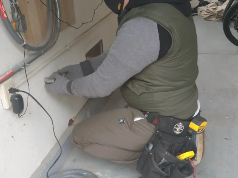 Electrician performing outlet wiring in a German garage